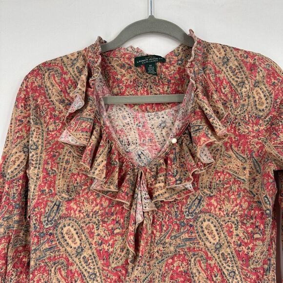 Lauren Ralph Lauren Women's Paisley Top Pink Ruffle Neck Medium Feminine - Picture 7 of 9